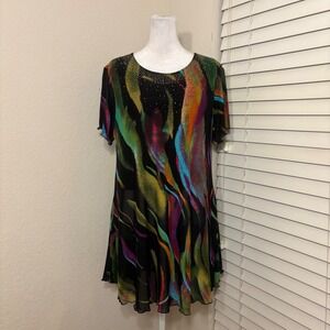 Serengeti size L retro disco rhinestone black rainbow flowy skater dress